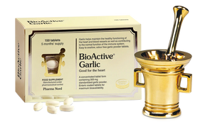 Pharma Nord Bio-Active Garlic tablets with active allicin for heart health, cholesterol balance, and immune support.