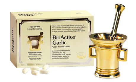 Pharma Nord Bio-Active Garlic tablets with active allicin for heart health, cholesterol balance, and immune support.