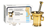 BioActive JointCare supplement packaging box with loose white tablets in front, shown beside a decorative gold mortar and pestle on a white background.