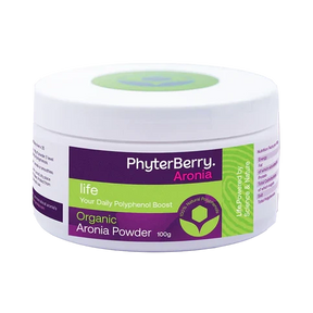 Phyterberry Aronia organic aronia powder 100g supplement tub on white background.