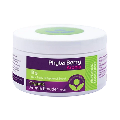 Phyterberry Aronia organic aronia powder 100g supplement tub on white background.