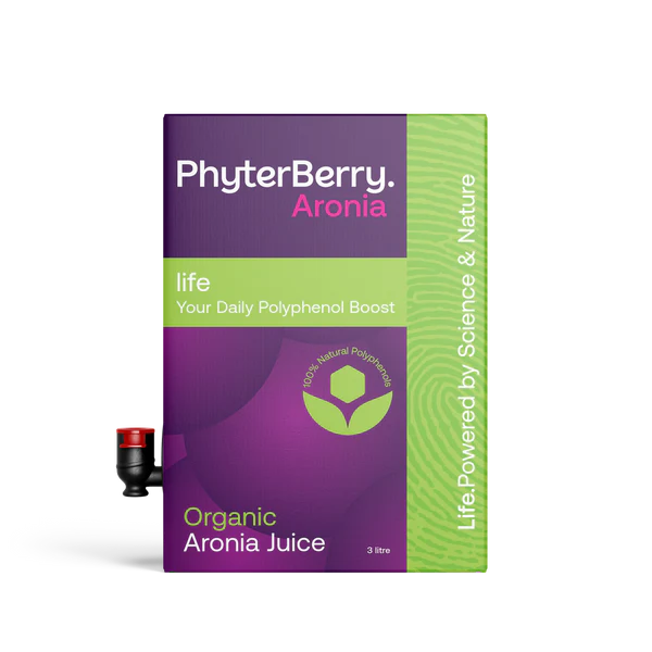 A 3-litre bag-in-box container of PhyterBerry Organic Aronia Juice, featuring a purple and green design with a dispensing tap on the left, labeled "Your Daily Polyphenol Boost".