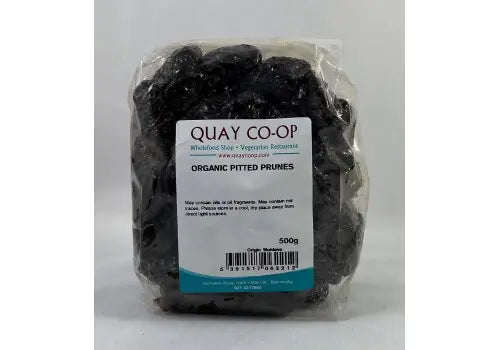 Quay Co-op organic pitted prunes, 500g pack.
