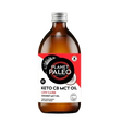 Planet Paleo Keto C8 MCT Oil bottle with a red and white label on a pink background.