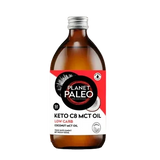Planet Paleo Keto C8 MCT Oil bottle with a red and white label on a pink background.