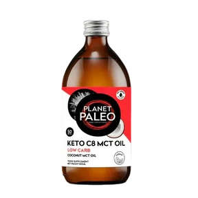 Planet Paleo Keto C8 MCT Oil bottle with a red and white label on a pink background.