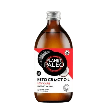 Planet Paleo Keto C8 MCT Oil bottle with a red and white label on a pink background.