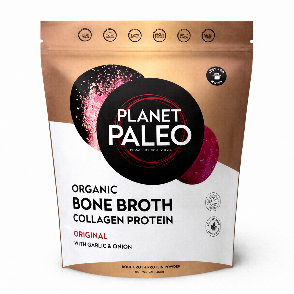 Planet Paleo Organic Bone Broth Collagen Protein powder grass-fed original flavor 450g for gut and joint health.