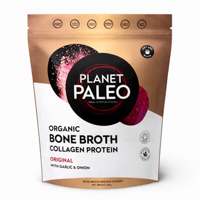 Planet Paleo Organic Bone Broth Collagen Protein powder grass-fed original flavor 450g for gut and joint health.