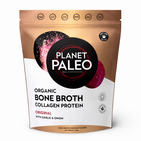 Planet Paleo Organic Bone Broth Collagen Protein powder grass-fed original flavor 450g for gut and joint health.