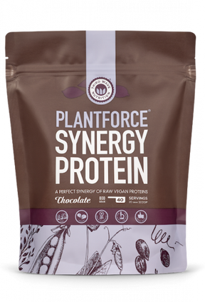 Chocolate flavor Plantforce Synergy Protein 800g pouch featuring a clean, professional brown and white design.
