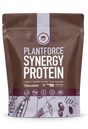 Chocolate flavor Plantforce Synergy Protein 800g pouch featuring a clean, professional brown and white design.