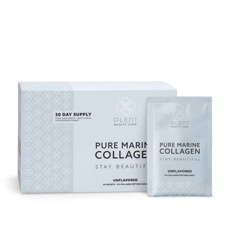 Plent Beauty Care Pure Marine Collagen tubs in "Berry" flavor arranged against a dark checkered background.