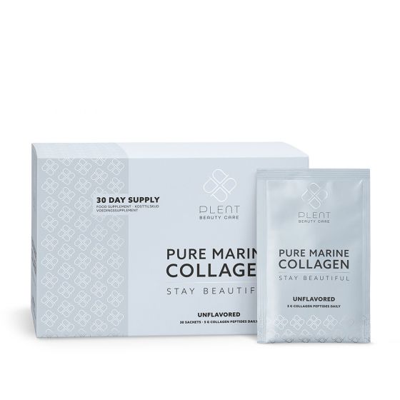 Plent Beauty Care Pure Marine Collagen tubs in "Berry" flavor arranged against a dark checkered background.