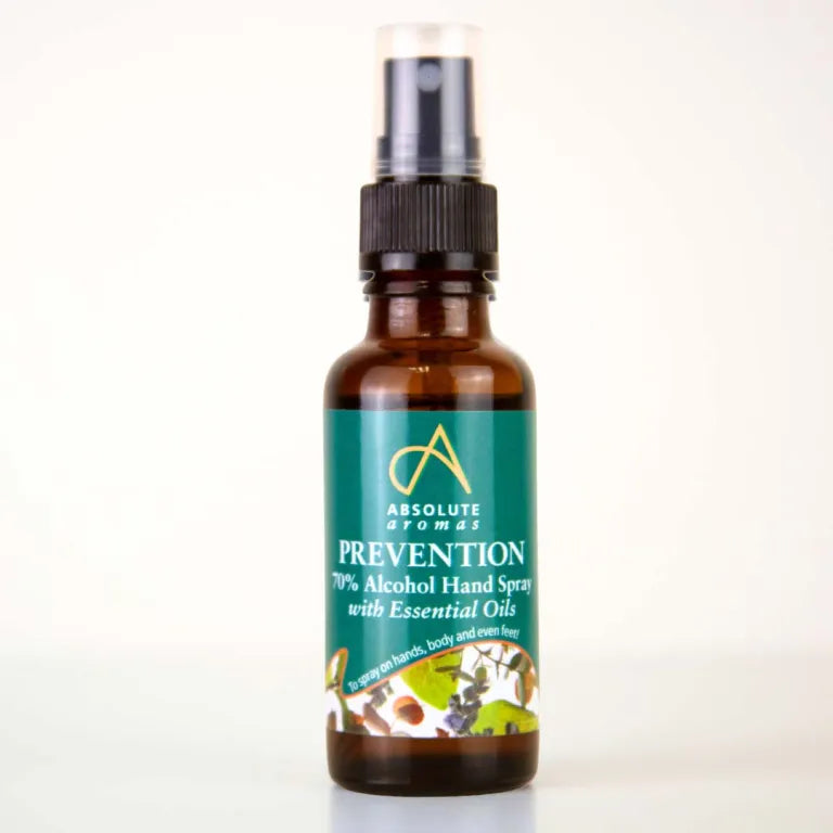 Absolute Aromas Prevention 70% alcohol hand spray with essential oils, designed to be used on hands, body, and feet.