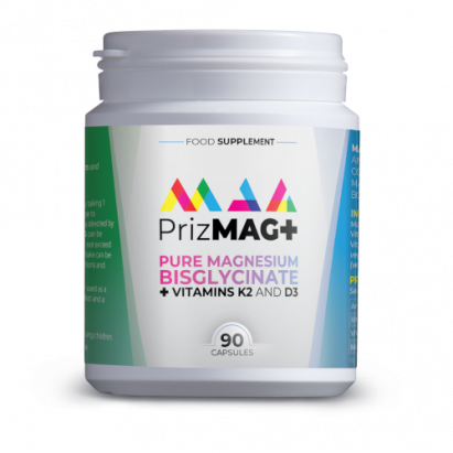 Jan de Vries PrizMag Magnesium Bisglycinate PLUS capsules with vitamins D3 and K2 for bone health, muscle relaxation, and immune support.