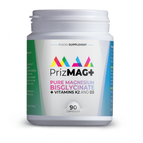 Jan de Vries PrizMag Magnesium Bisglycinate PLUS capsules with vitamins D3 and K2 for bone health, muscle relaxation, and immune support.
