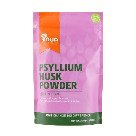 Nua Naturals Psyllium Husk Powder pouch on a vibrant orange and tan background.