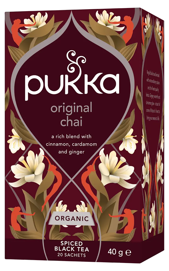 Pukka Original Chai tea box with floral design on a white background