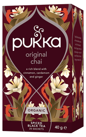 Pukka Original Chai tea box with floral design on a white background