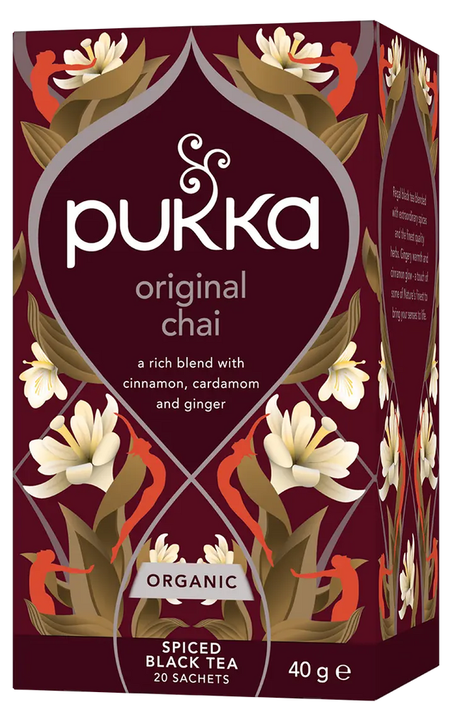 Pukka Original Chai tea box with floral design on a white background