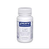 A white plastic bottle of Pure Encapsulations Cogni Active dietary supplement, featuring a white ribbed cap and a white label with blue and gray text, set against a plain white background.