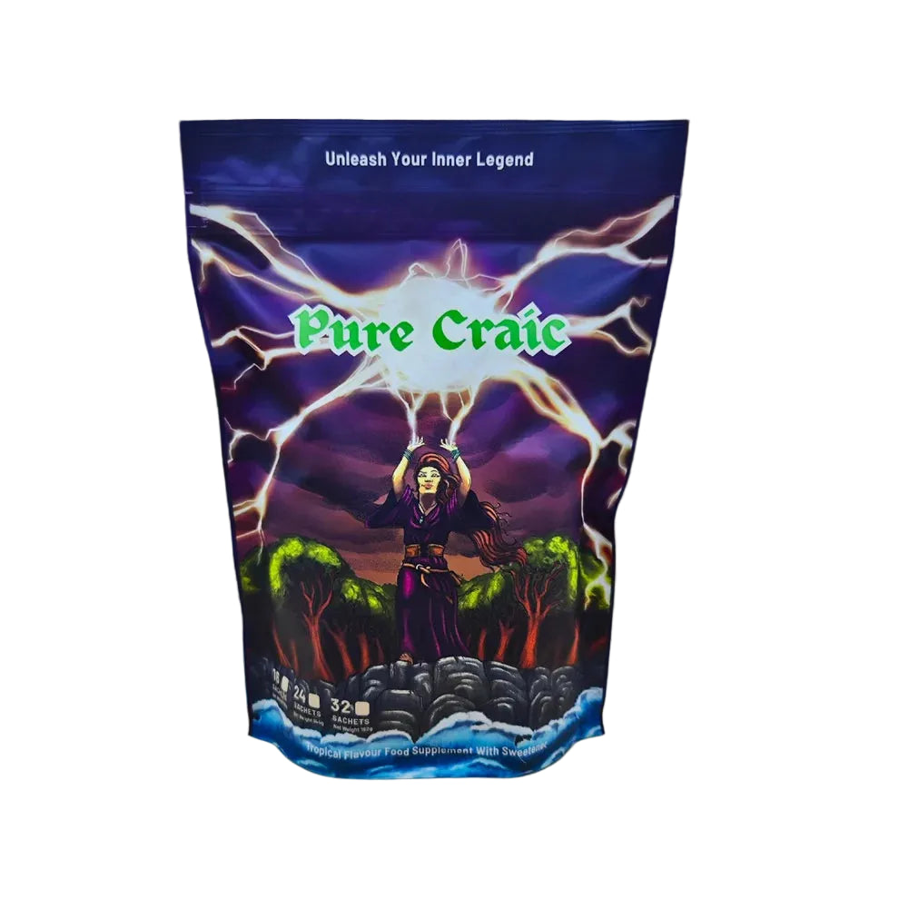A stand-up pouch package labeled 'Pure Craic' with fantasy artwork showing a figure under lightning, set against a blurred background with warm brown and purple tones.