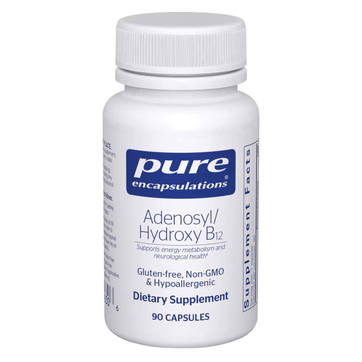 White bottle of Pure Encapsulations Adenosyl/Hydroxy B12 capsules.