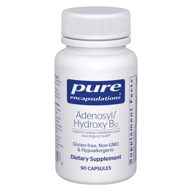 White bottle of Pure Encapsulations Adenosyl/Hydroxy B12 capsules.