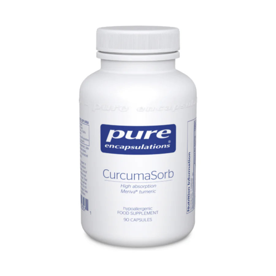 White bottle of Pure Encapsulations CurcumaSorb food supplement capsules.
