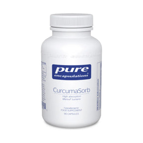 White bottle of Pure Encapsulations CurcumaSorb food supplement capsules.