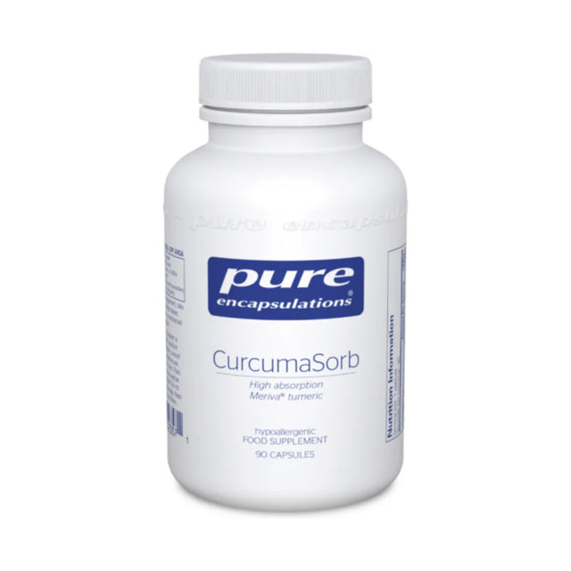 White bottle of Pure Encapsulations CurcumaSorb food supplement capsules.