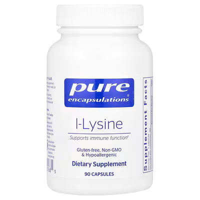 White bottle of Pure Encapsulations l-Lysine dietary capsules.