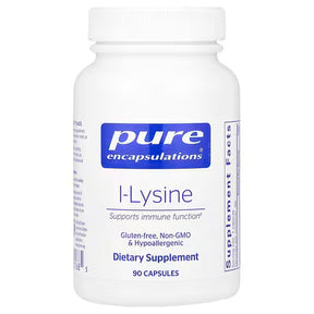 White bottle of Pure Encapsulations l-Lysine dietary capsules.