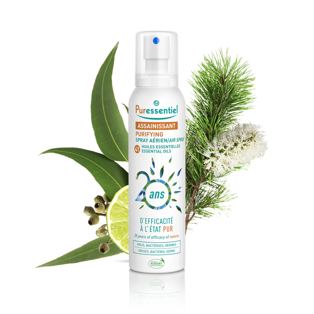 Puressentiel 20th anniversary purifying air spray with eucalyptus, lime, and pine botanicals.