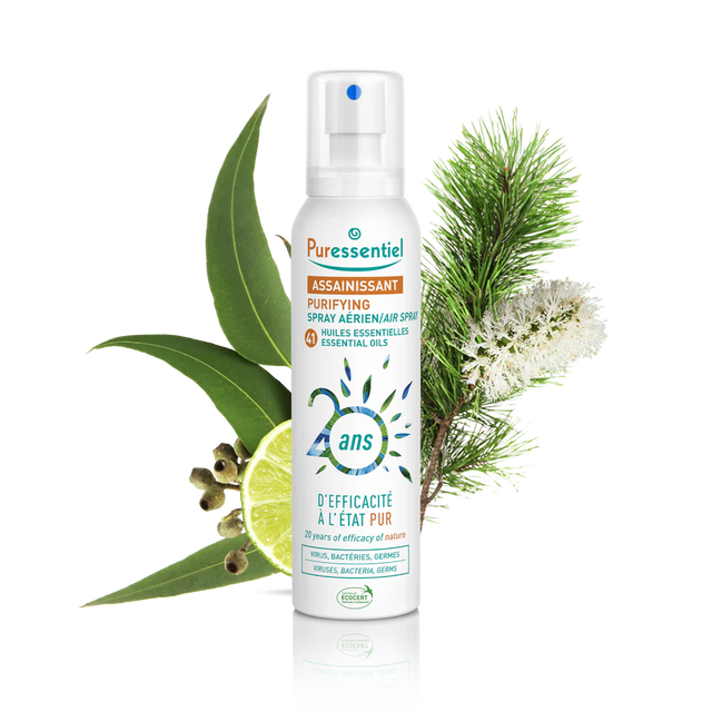 Puressentiel 20th anniversary purifying air spray with eucalyptus, lime, and pine botanicals.