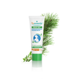 Puressentiel Resp OK Massage Balm tube featuring a chest and throat illustration, set against a dark checkered background with pine and herb branches.