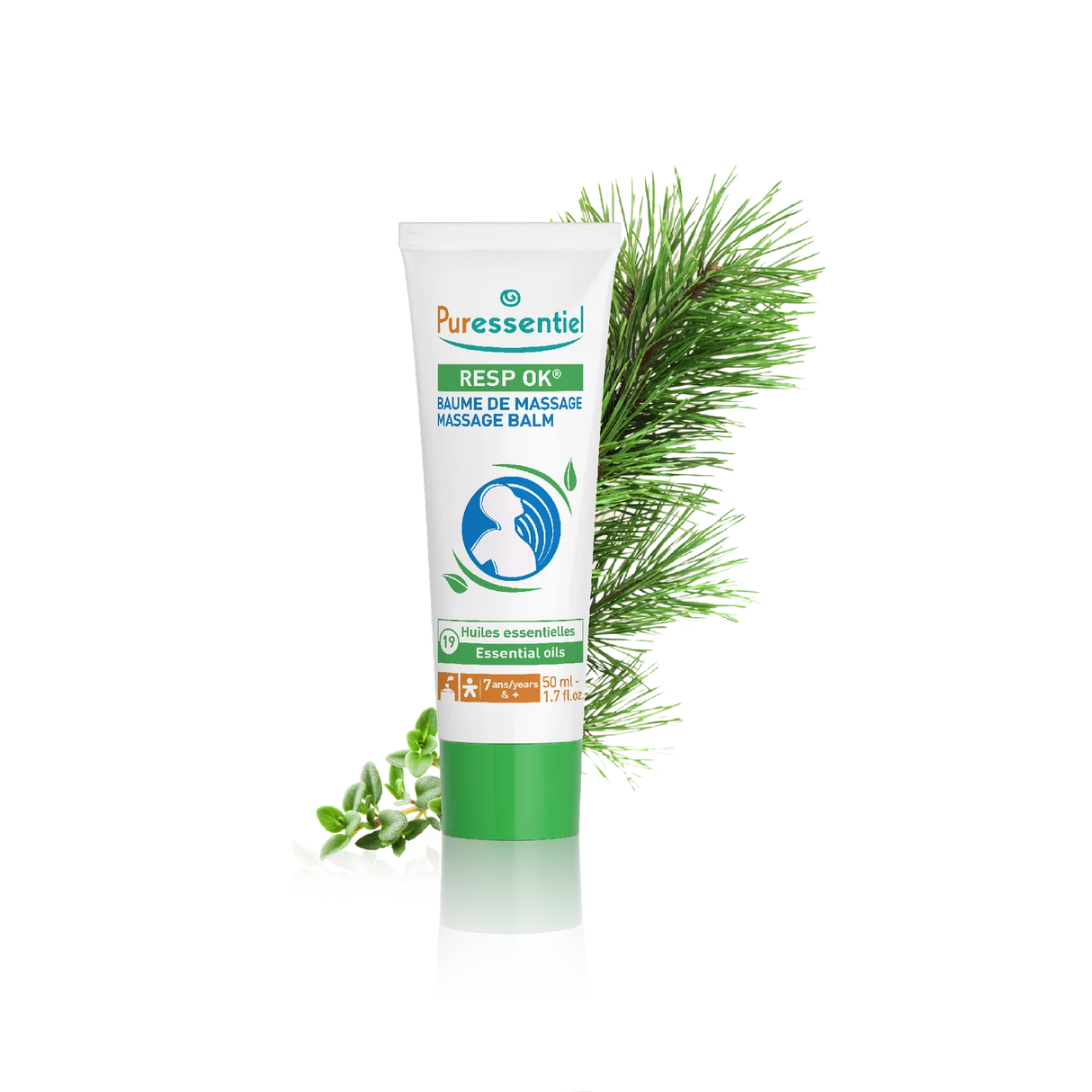 Puressentiel Resp OK Massage Balm tube featuring a chest and throat illustration, set against a dark checkered background with pine and herb branches.