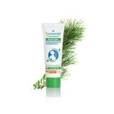 Puressentiel Resp OK Massage Balm tube featuring a chest and throat illustration, set against a dark checkered background with pine and herb branches.