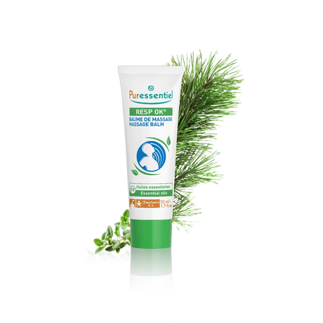 Puressentiel Resp OK Massage Balm tube featuring a chest and throat illustration, set against a dark checkered background with pine and herb branches.