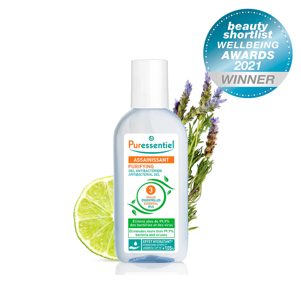 Puressentiel purifying antibacterial hand gel pump with a lime slice and lavender sprigs.