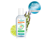 Puressentiel purifying antibacterial hand gel pump with a lime slice and lavender sprigs.