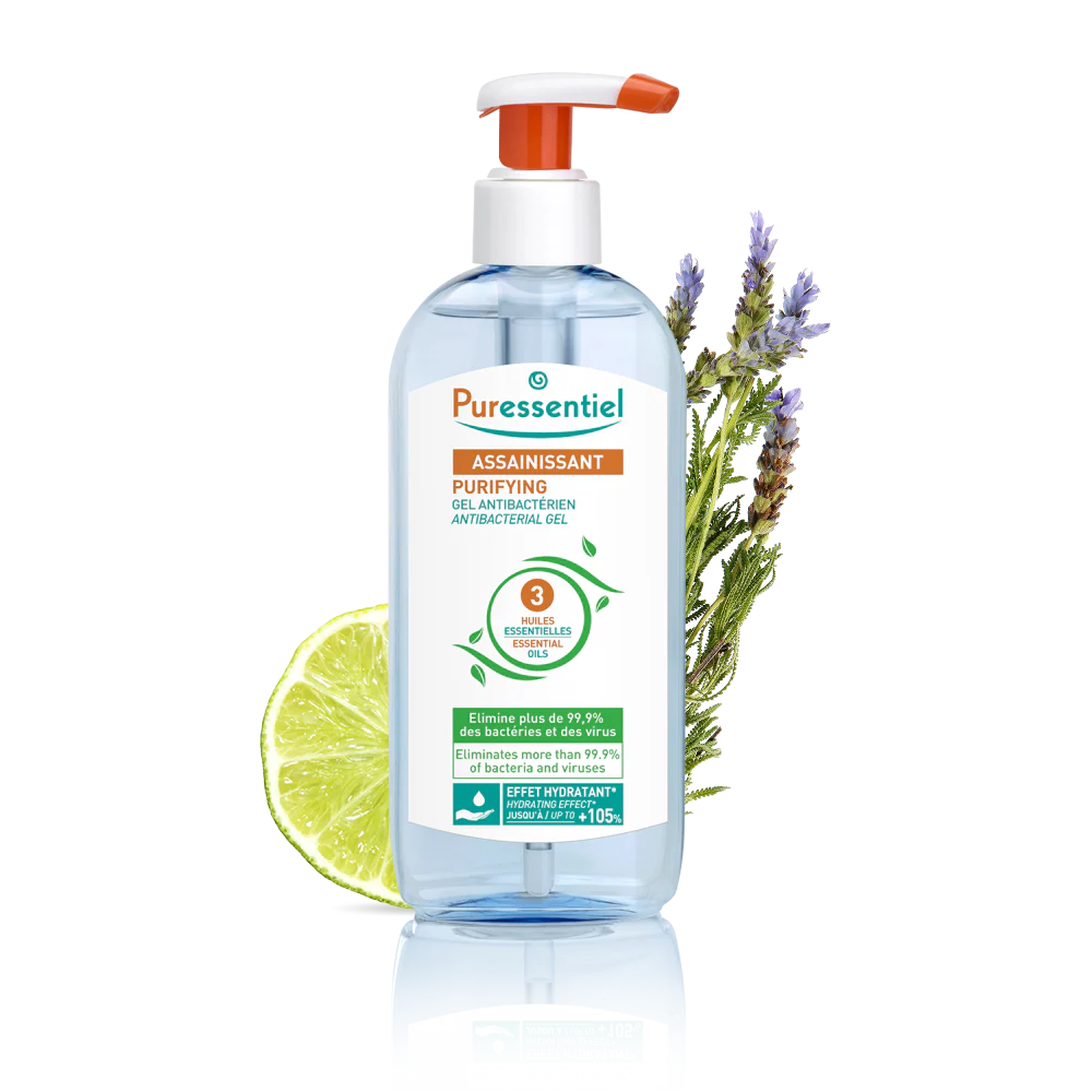 Puressentiel purifying antibacterial hand gel pump with a lime slice and lavender sprigs.