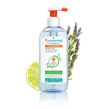Puressentiel purifying antibacterial hand gel pump with a lime slice and lavender sprigs.