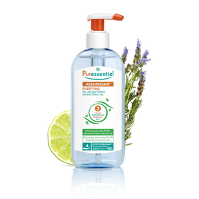 Puressentiel purifying antibacterial hand gel pump with a lime slice and lavender sprigs.