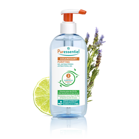 Puressentiel purifying antibacterial hand gel pump with a lime slice and lavender sprigs.