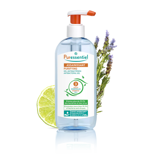 Puressentiel purifying antibacterial hand gel pump with a lime slice and lavender sprigs.