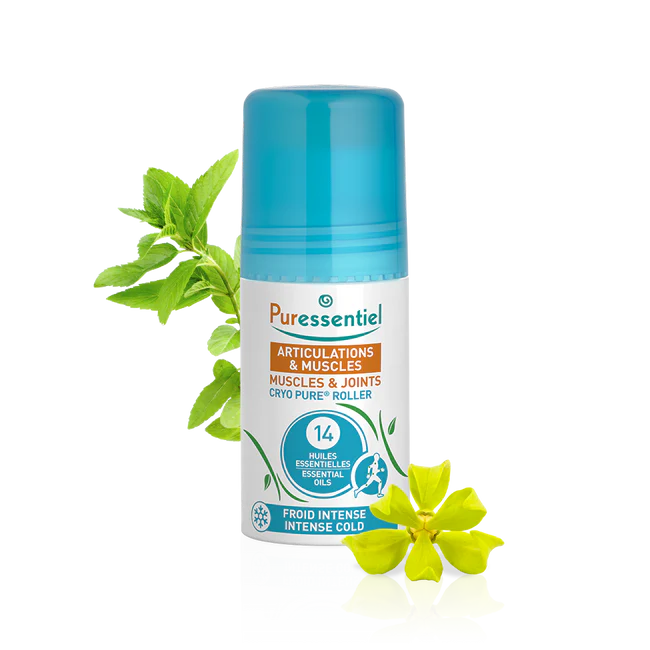 A Puressentiel Muscles & Joints Cryo Pure Roller, containing 14 essential oils designed to provide intense cold to muscles and joints.
