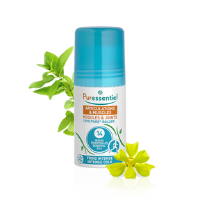 A Puressentiel Muscles & Joints Cryo Pure Roller, containing 14 essential oils designed to provide intense cold to muscles and joints.