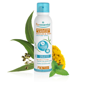 A Puressentiel Muscles & Joints Cryo Pure Spray, featuring 14 essential oils designed to provide intense cold to soothe sensitive areas.
